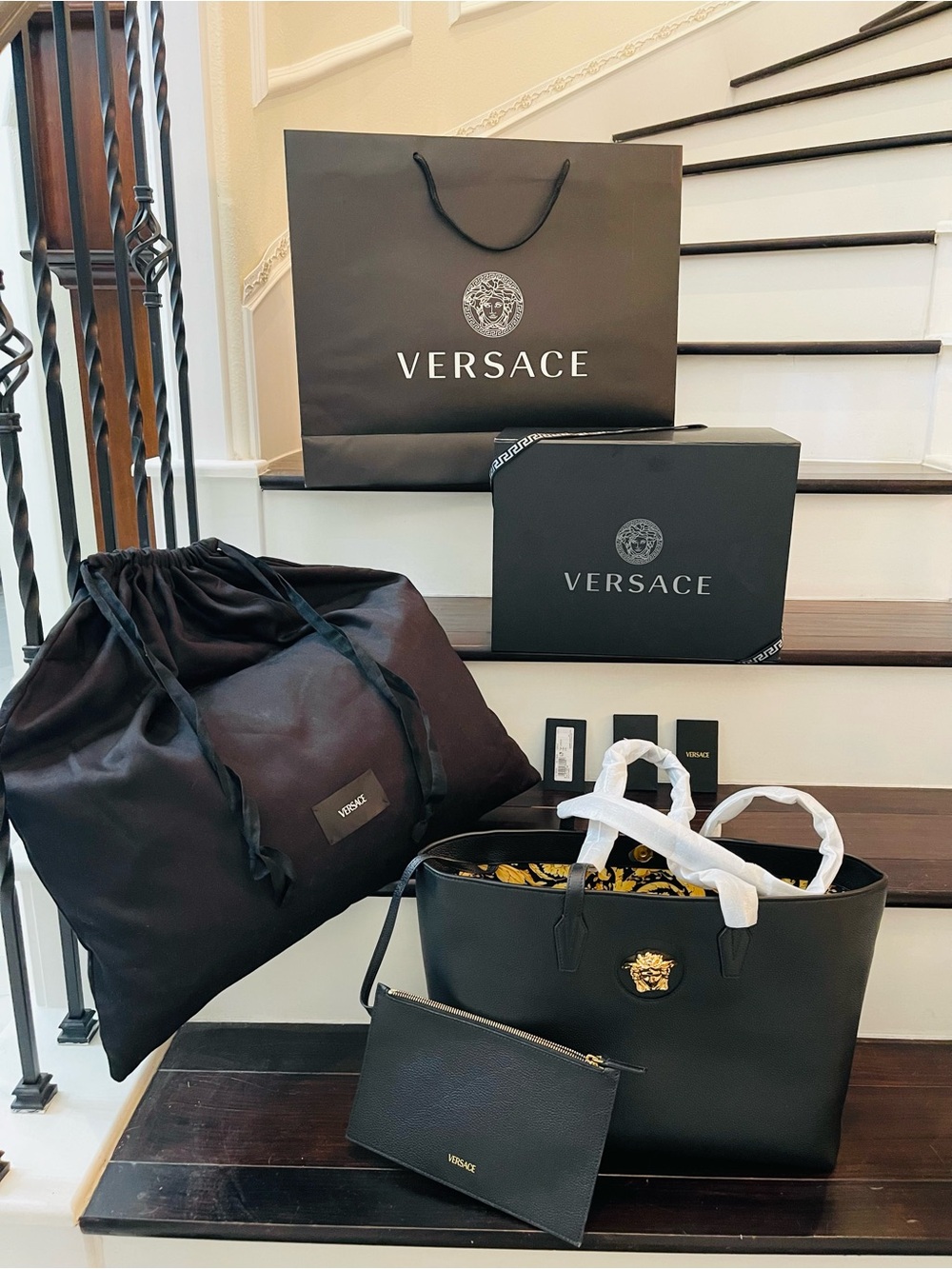 Versace Gold Medusa Calf Leather Black Tote Bag & Pouch 1015533 Italy NWT